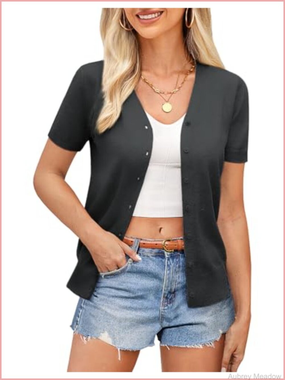 Women's Short Sleeve Cardigan Lightweight Knit V-Neck Button Down